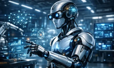 Robotix AI powered humanoid robot using advanced artificial intelligence and neural network technology inside a smart industrial factory environment