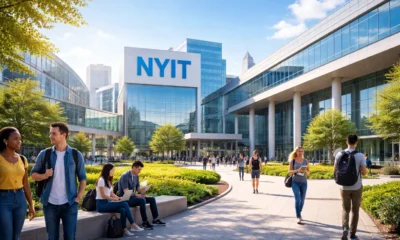 NY Institute of Technology campus with modern glass buildings and diverse students walking and studying outdoors in a bright, urban academic environment
