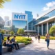 NY Institute of Technology campus with modern glass buildings and diverse students walking and studying outdoors in a bright, urban academic environment