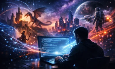 AI Dungeon 2 featured image showing a player using AI-powered interactive storytelling as fantasy and sci-fi worlds emerge from a glowing digital screen