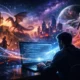 AI Dungeon 2 featured image showing a player using AI-powered interactive storytelling as fantasy and sci-fi worlds emerge from a glowing digital screen