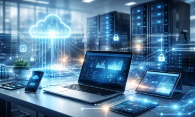 Craft design technology workspace showing a designer combining handmade materials with digital tools like a laptop, laser cutter, and 3D printer in a modern studio.