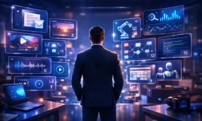 Futuristic illustration showing a professional surrounded by holographic AI tools representing 15 AI technologies for productivity, automation, content creation, and business growth.