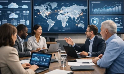 Global solutions technology team collaborating in a modern command center with cloud infrastructure, data analytics dashboards, and worldwide network connectivity.