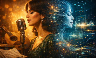 AI Fairouz digital artwork showing a classic Arabic singer at a vintage microphone transforming into futuristic AI sound waves and neural audio patterns