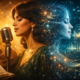 AI Fairouz digital artwork showing a classic Arabic singer at a vintage microphone transforming into futuristic AI sound waves and neural audio patterns