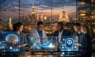 American AI innovation showcased through U.S. technology leaders collaborating with advanced artificial intelligence systems in a modern city setting