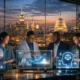 American AI innovation showcased through U.S. technology leaders collaborating with advanced artificial intelligence systems in a modern city setting