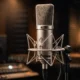 Neumann U 87 Ai condenser microphone mounted in a professional recording studio with warm cinematic lighting