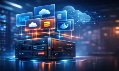 Virtualization technology illustration showing multiple virtual machines running on a single physical server through a hypervisor layer.